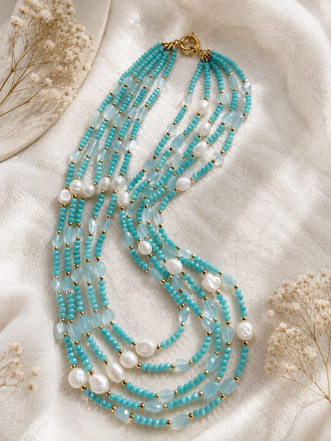 Collana Multifilo Acquamarina, Perle d'Acqua Dolce e Cristalli Azzurri | Eterea Natural Stone