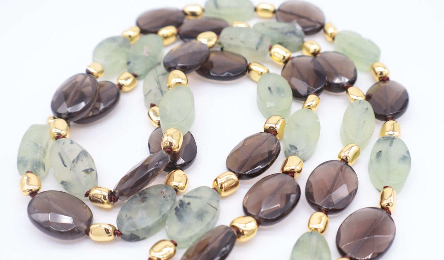 Collana lunga 120 cm in Quarzo Fumé e Prehnite naturale