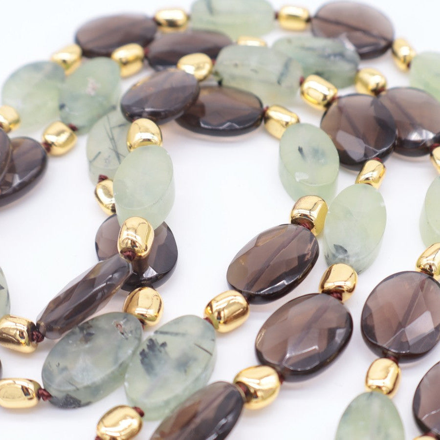 Collana lunga 120 cm in Quarzo Fumé e Prehnite naturale