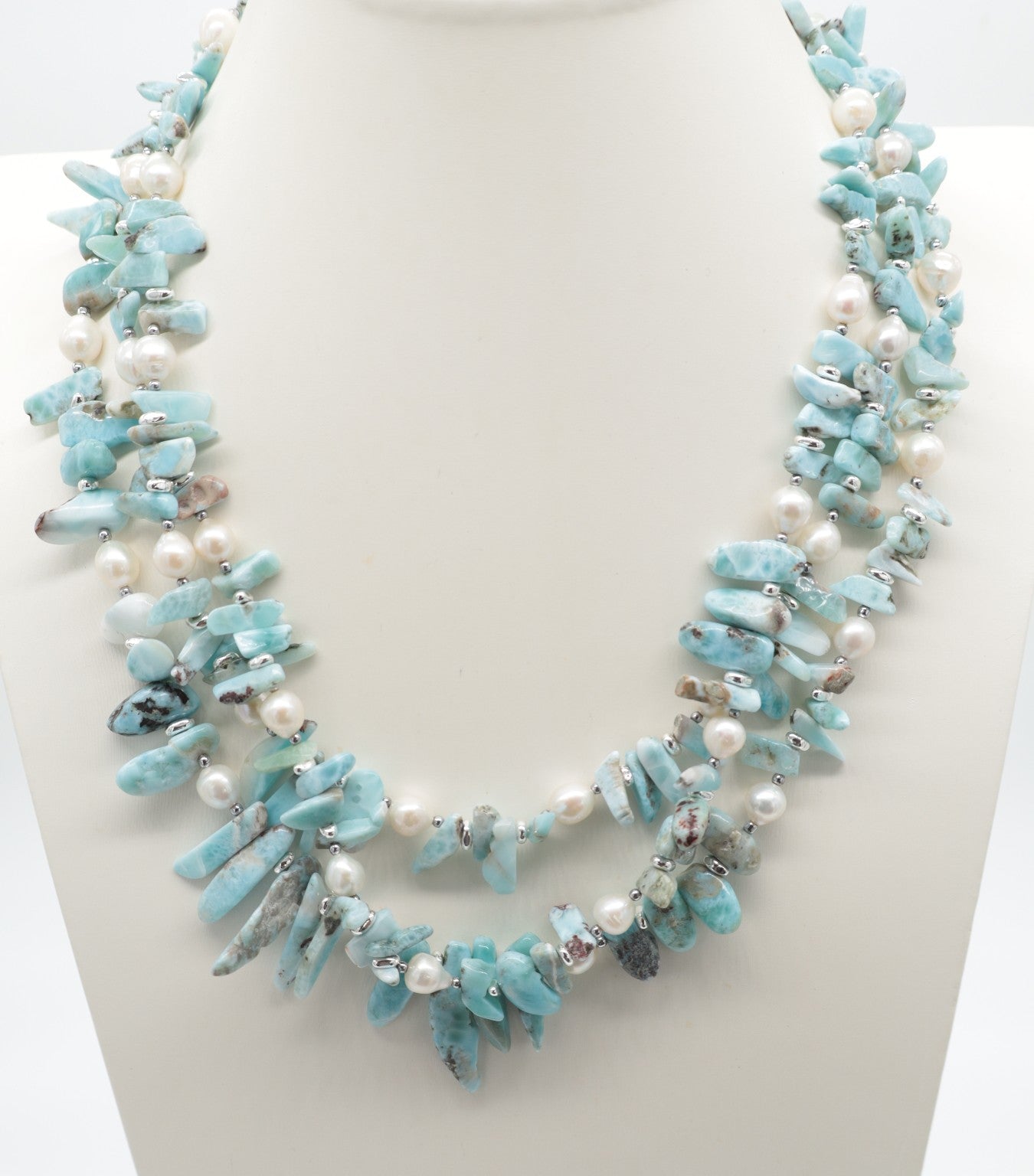 Collana Multi filo Larimar e Perle Naturali – Argento 925
