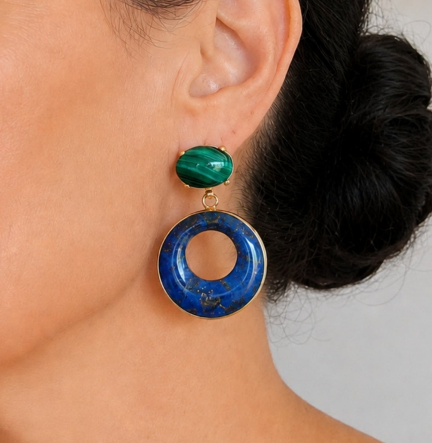Orecchini in Argento 925 Dorato con Malachite e Creole in Lapislazzuli Naturale