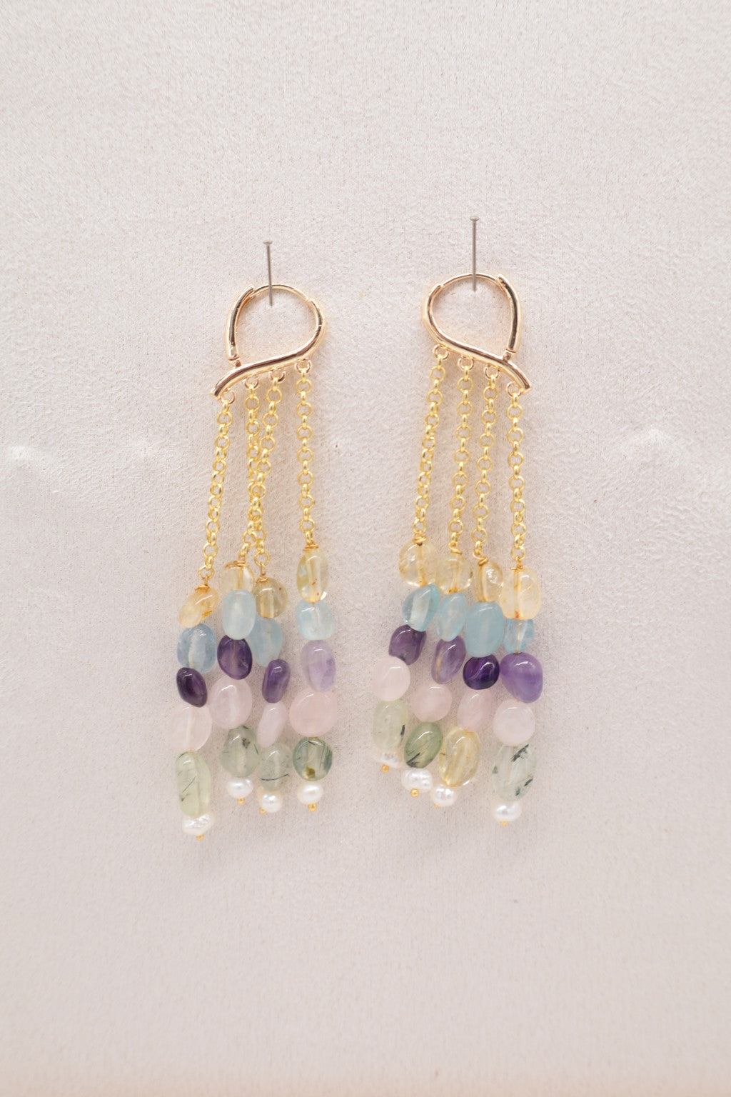 Orecchini a Cascata Multicolor con Citrino, Cianite, Ametista, Quarzo Rosa, Prehnite e Perla