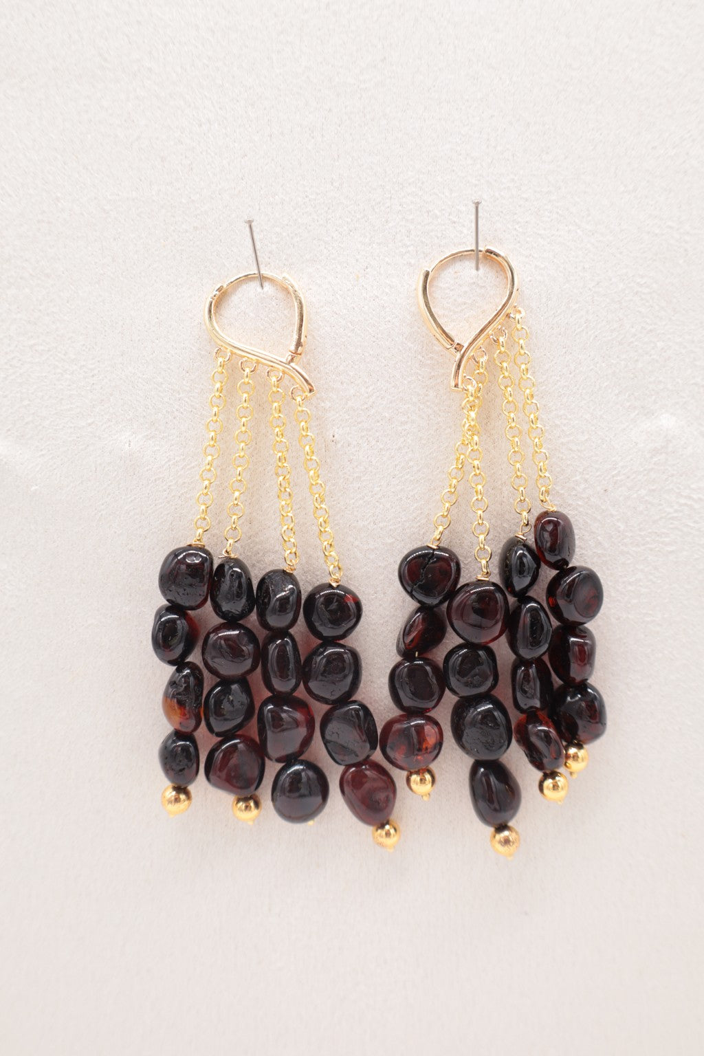 Orecchini a Cascata in Ambra Baltica Cognac Naturale – Bronzo Dorato