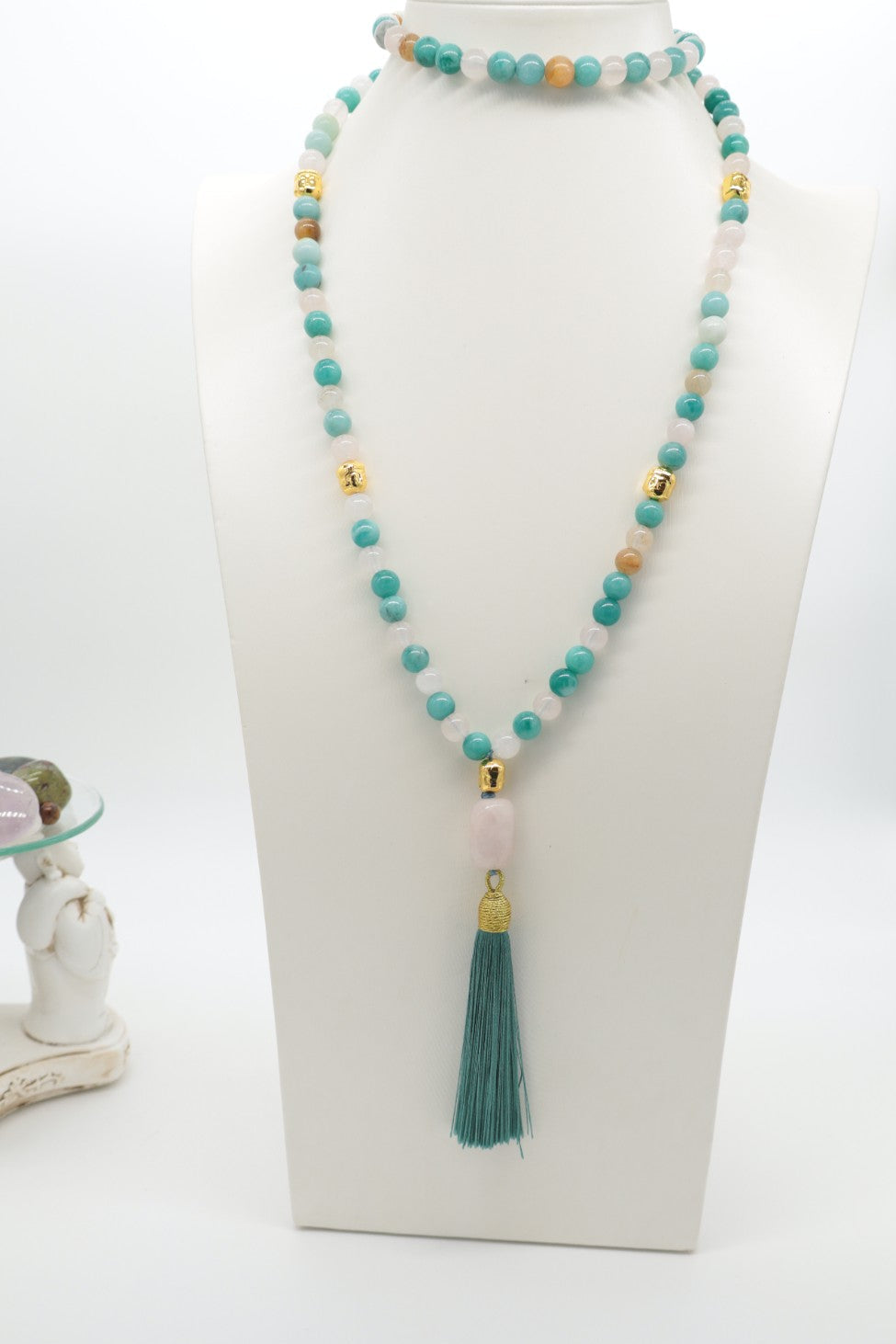 Mala Dolcezza in Amazzonite e Quarzo Rosa con Buddha dorato