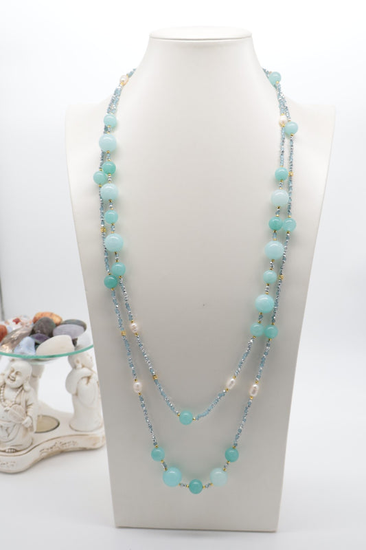 Collana Lunga 160 cm in Giada Celeste, Amazzonite e Perle di Fiume