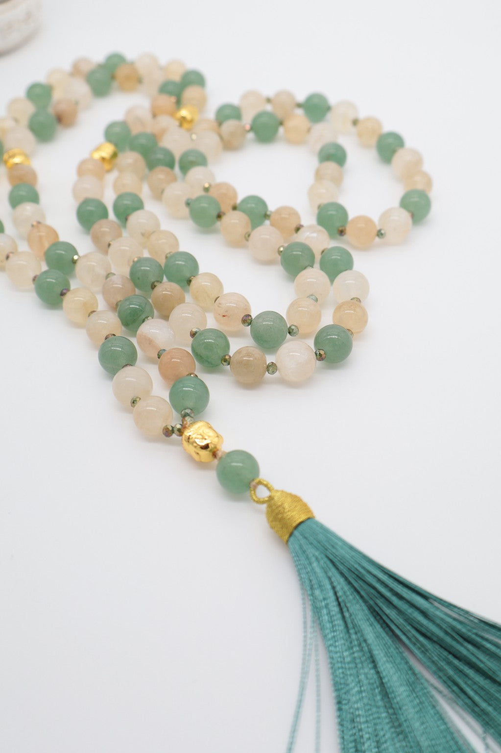 Mala Upekṣā – Pietra di Luna e Avventurina Verde | 108 grani