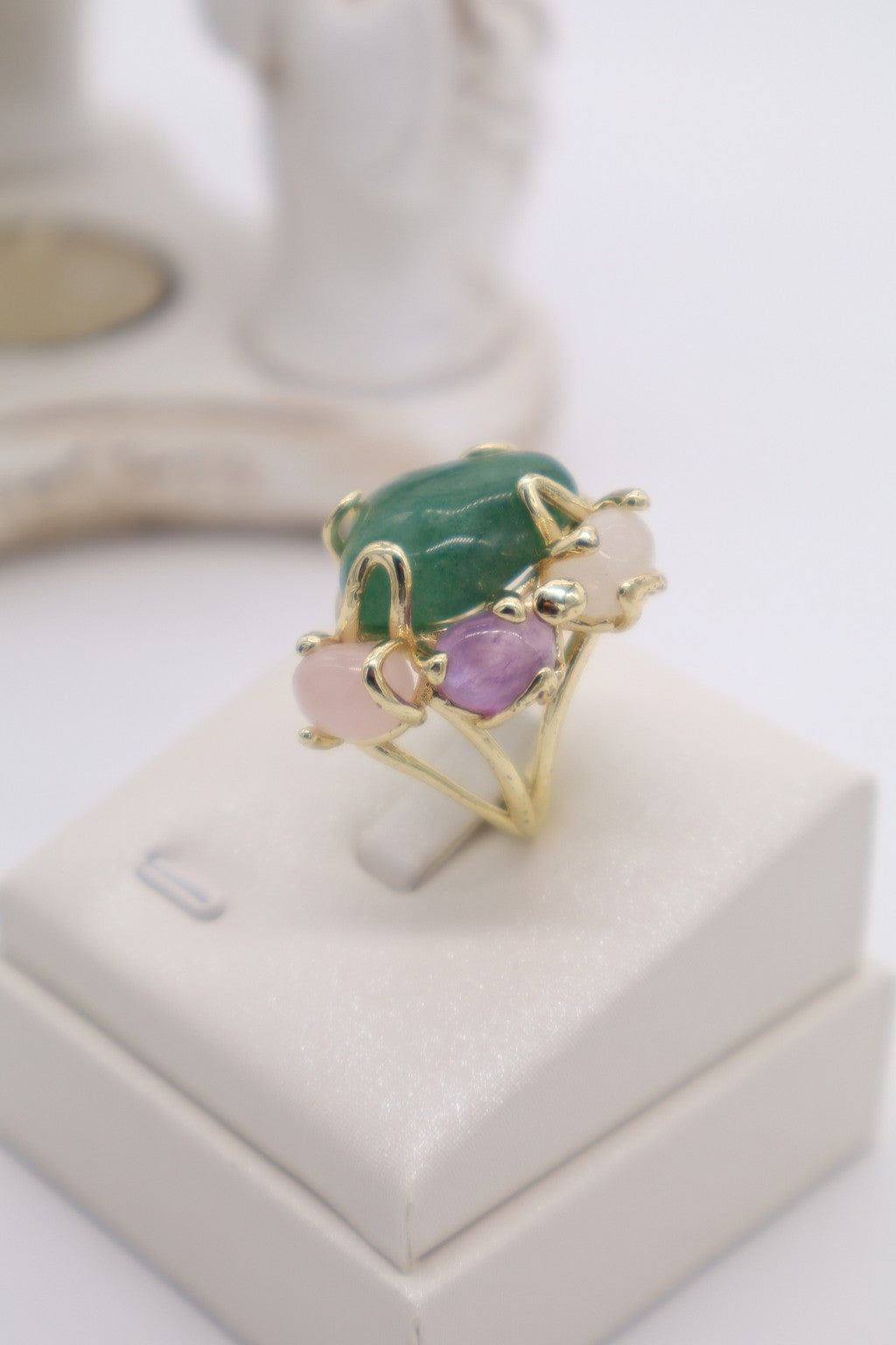 Anello Cocktail Floreale in Bronzo Dorato con Aventurina Verde, Quarzo Rosa