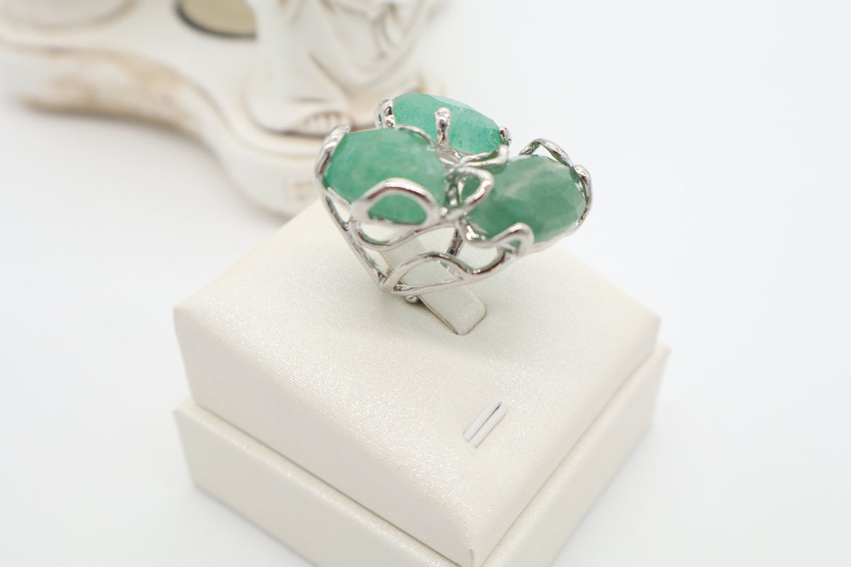 Anello Cocktail Scultoreo in Bronzo Rodiato con Aventurina Verde
