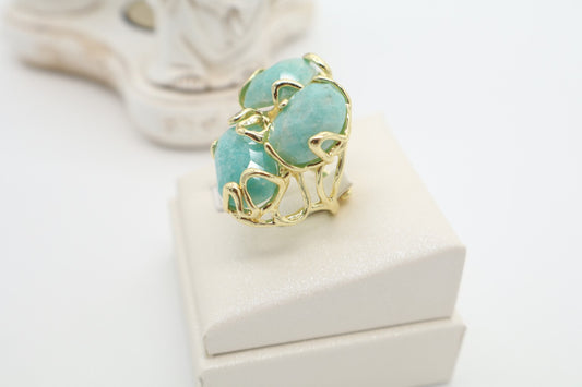 Anello cocktail in bronzo dorato con amazzonite