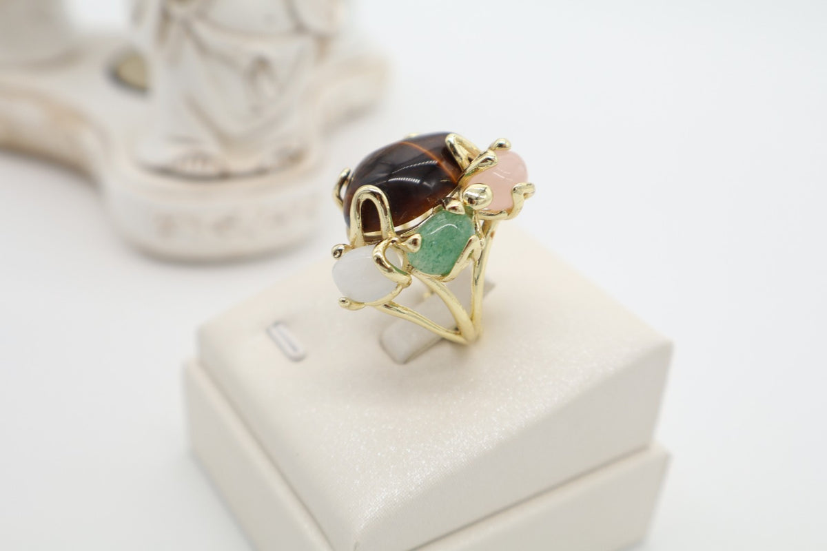 Anello Cocktail in Bronzo Dorato con Occhio di Tigre e Quarzi Multicolor