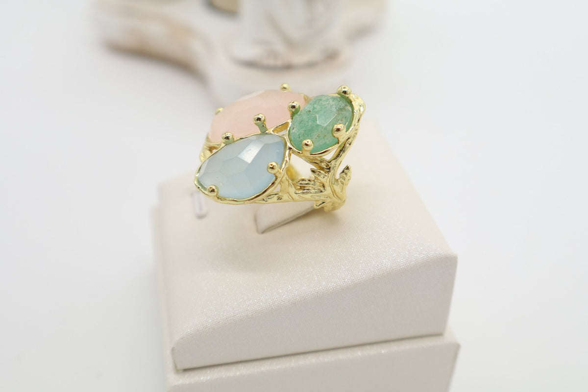 Anello Cocktail in Bronzo Dorato con Quarzo Rosa, Giada Celeste e Aventurina