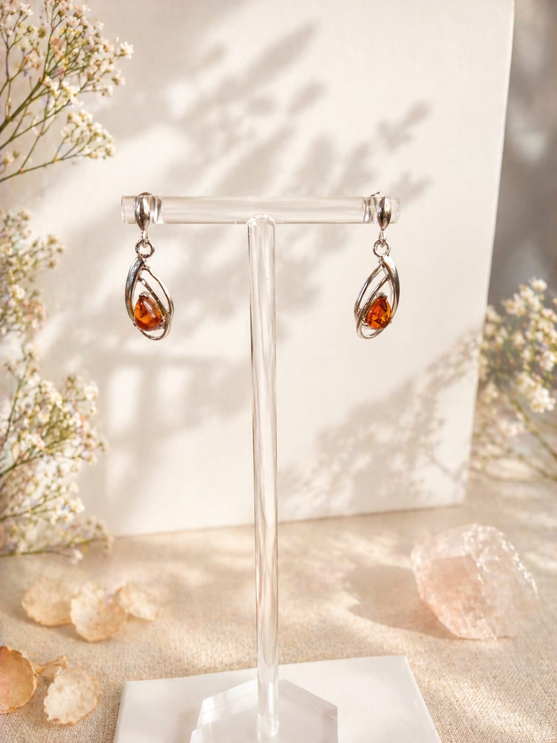 Orecchini Pendenti in Argento 925 con Ambra Baltica a Goccia