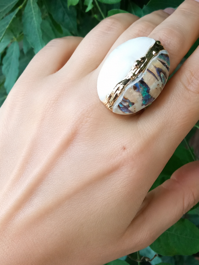Anello Ovale Bombato in Abalone e Madreperla – Acciaio Inossidabile Dorato