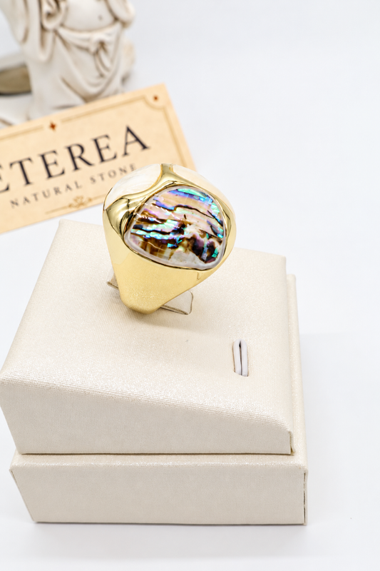Anello rotondo bombato in acciaio dorato con abalone e madreperla, riflessi iridescenti
