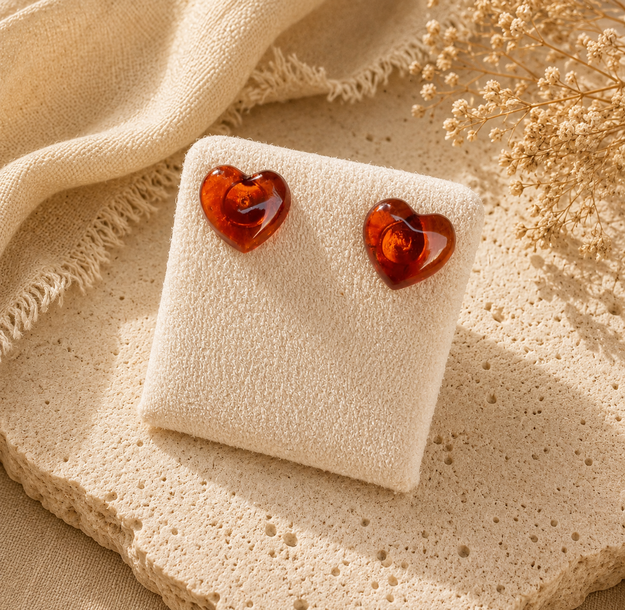 Orecchini a cuore in Ambra Baltica Cognac e Argento 925