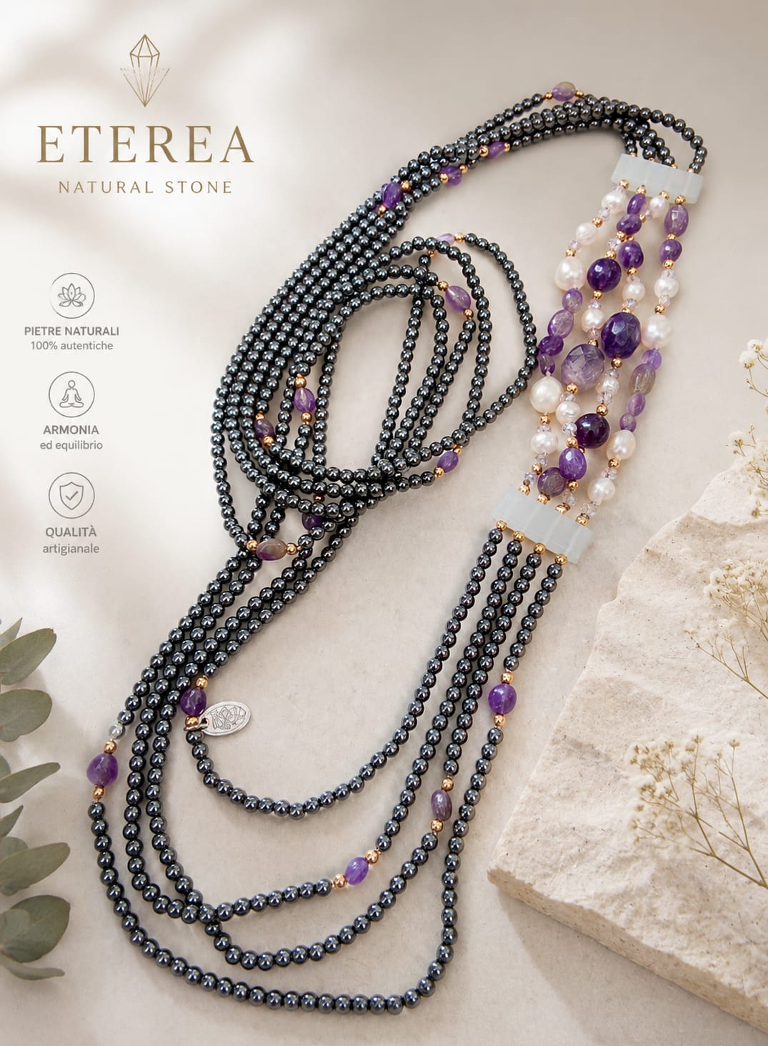 Collana Multifilo in Ematite con Ametista e Perle di Fiume – 90 cm