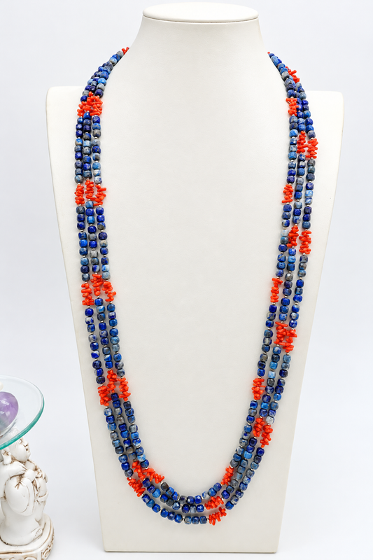 Collana Multifilo in Lapislazzuli, Corallo ed Ematite – 3 Fili