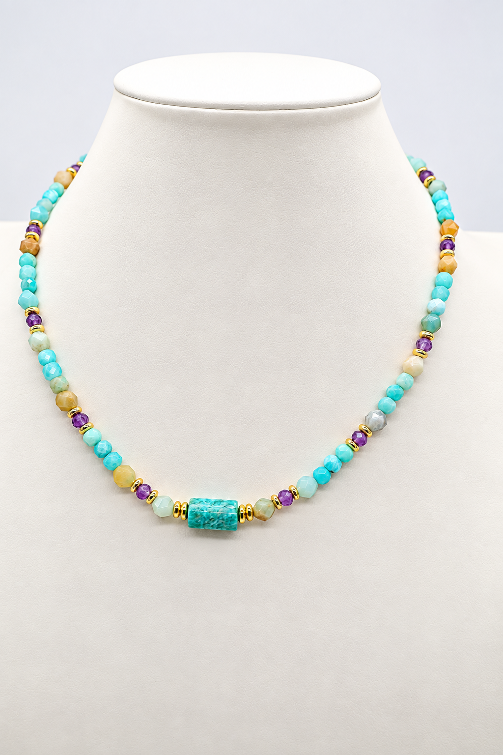 Collana Laguna in Amazzonite Multicolor e Ametista – 45 cm