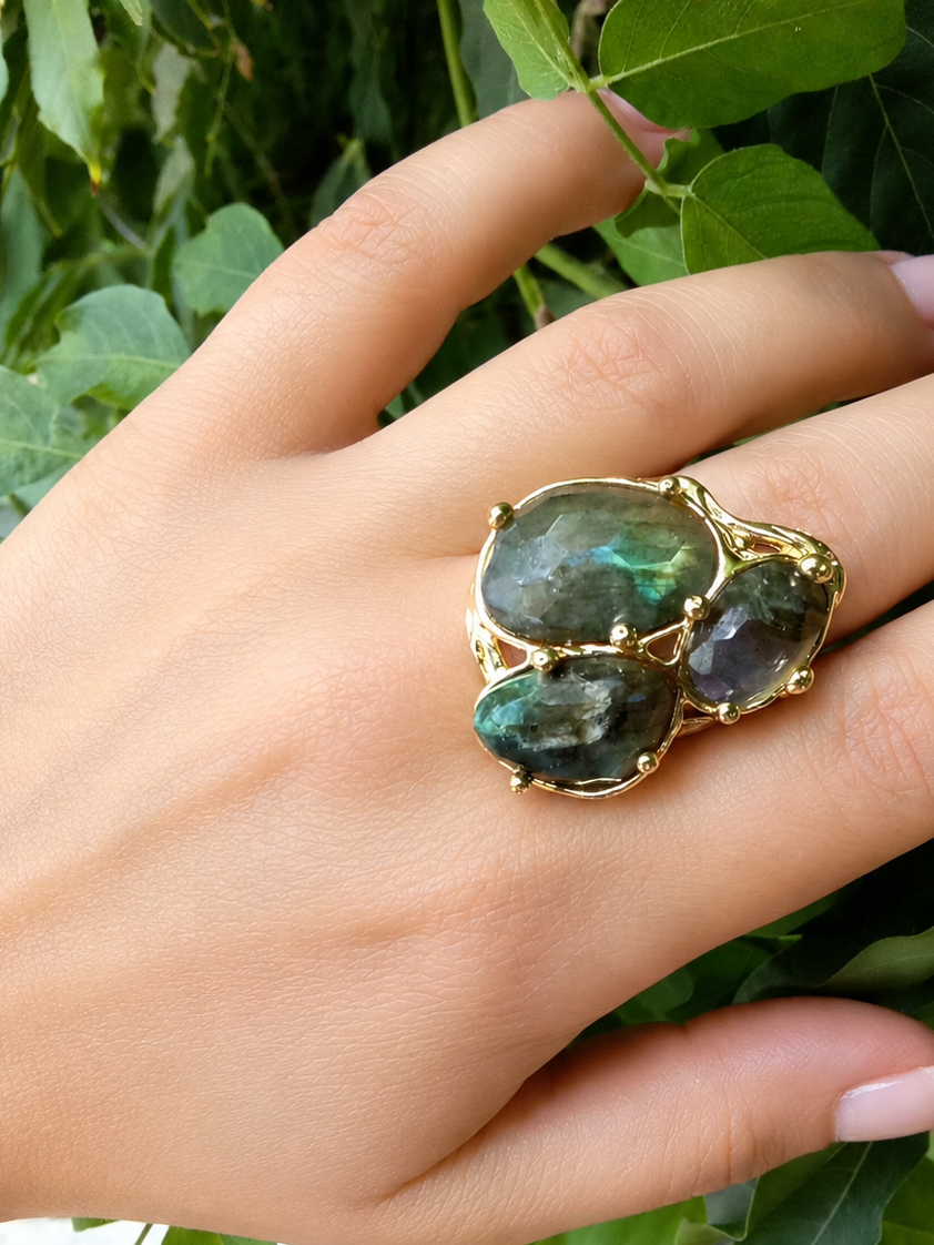 Anello Cocktail Labradorite Sfaccettata Regolabile in Ottone Galvanizzato Oro