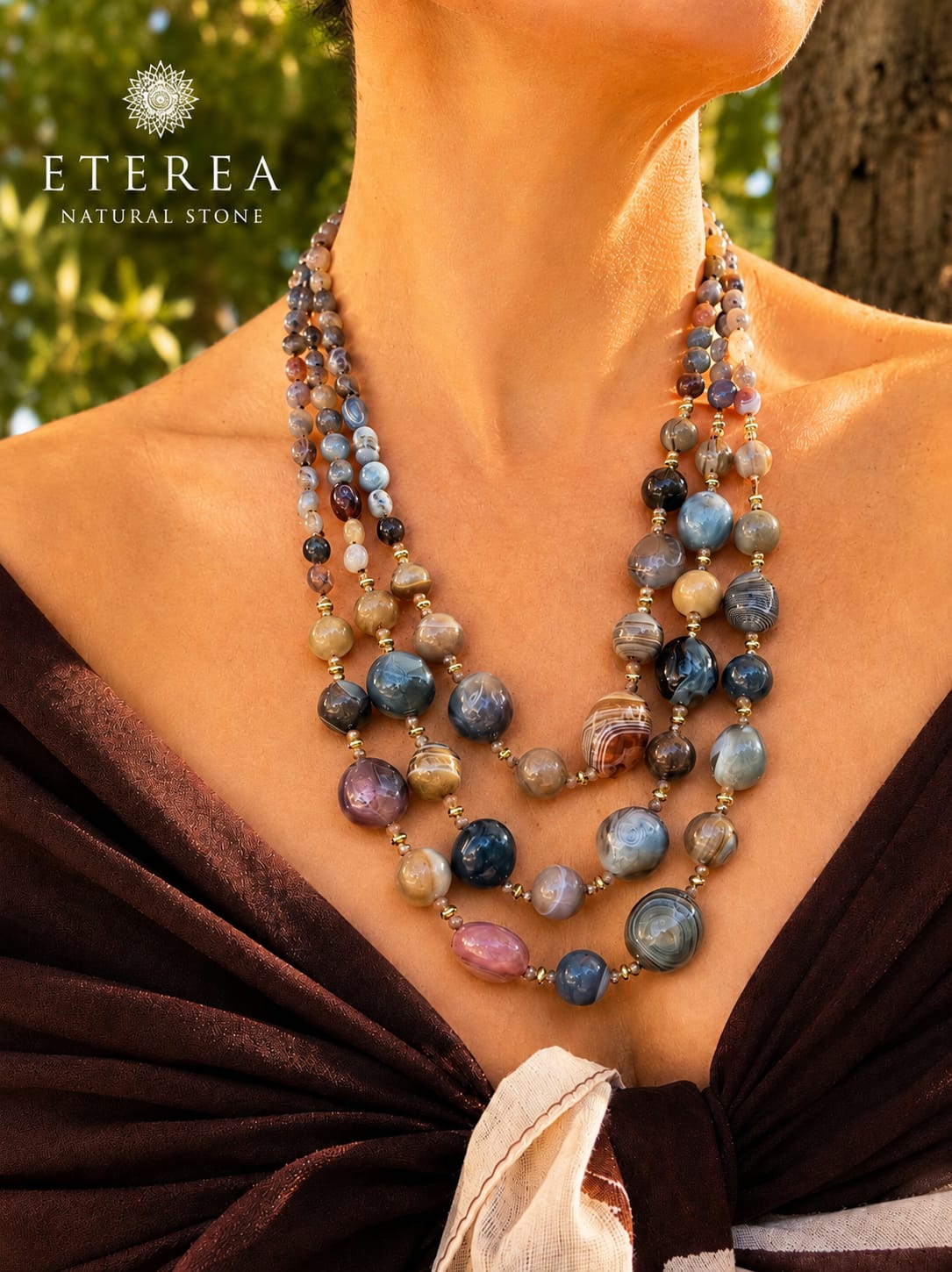 Collana Multifilo 3 Fili in Agata Botswana e Cristalli Naturali – 75 cm