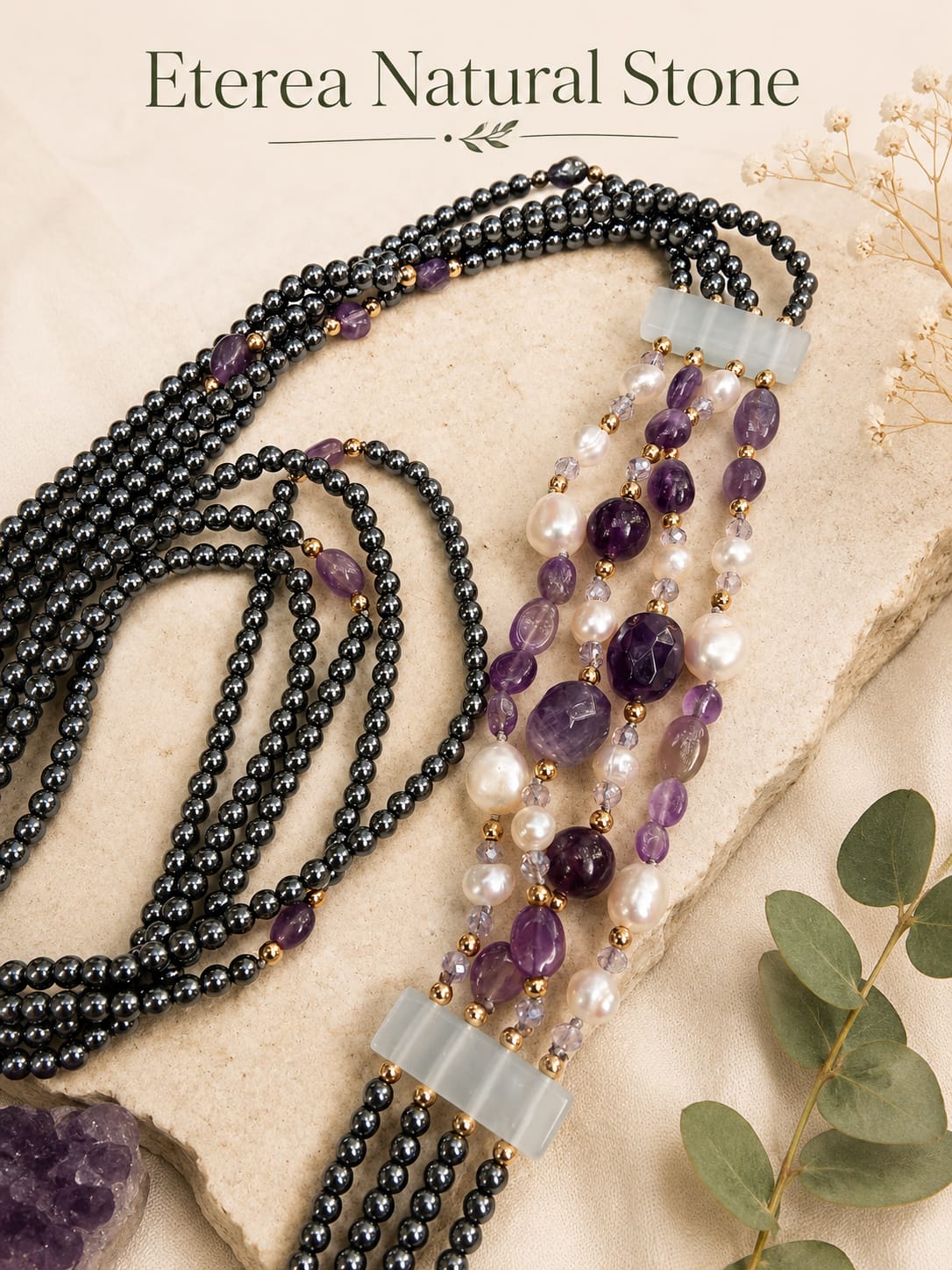 Collana Multifilo in Ematite con Ametista e Perle di Fiume – 90 cm