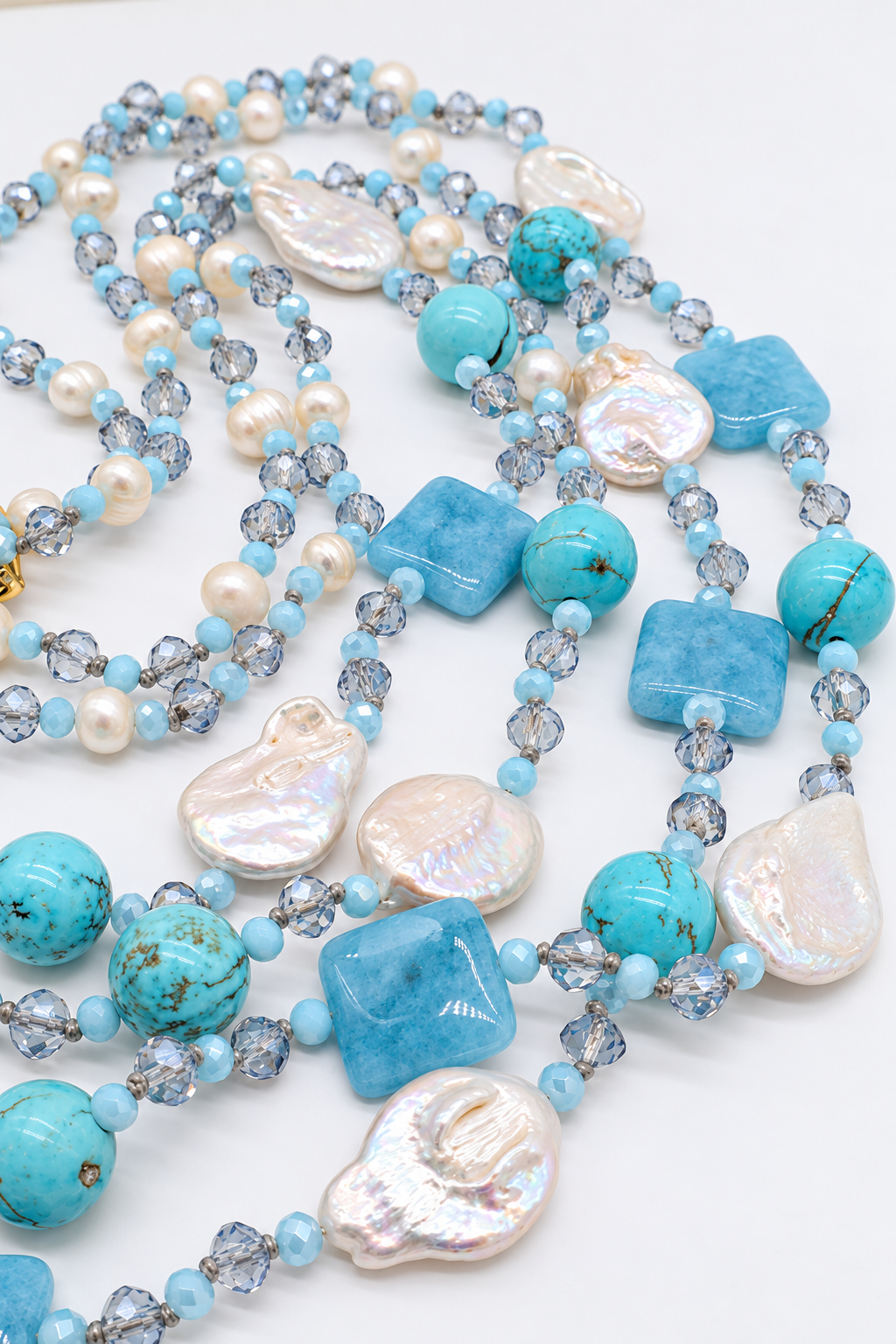 Collier modulable à deux rangs en amazonite turquoise, pierres naturelles et perles baroques
