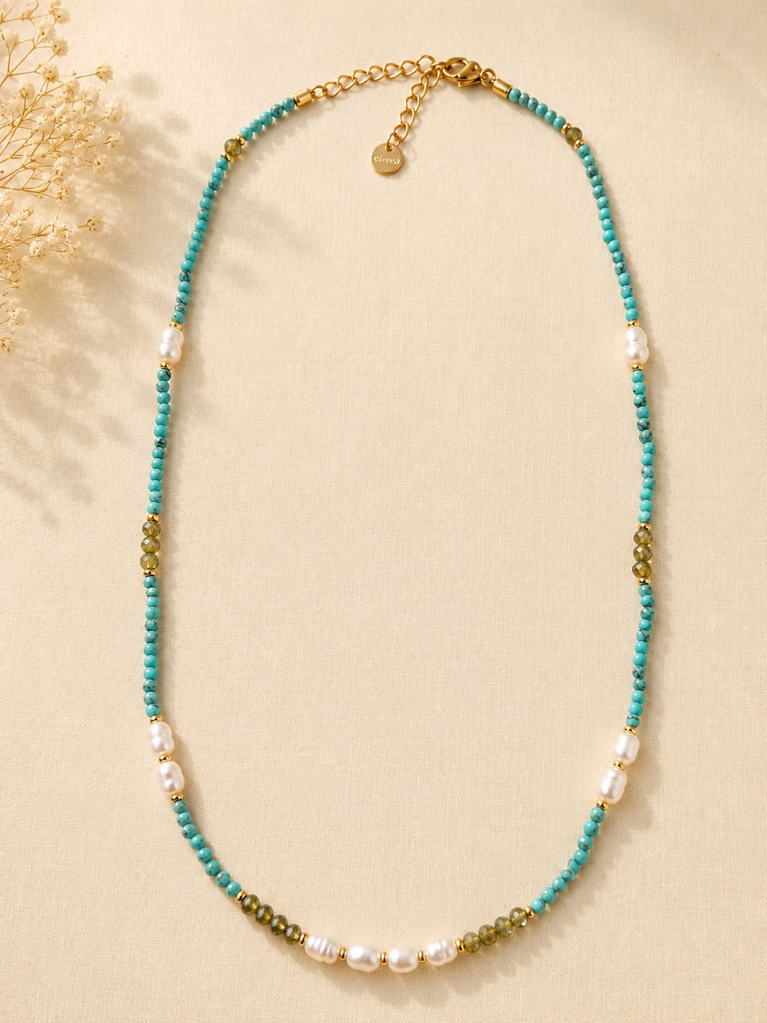Collana Laguna – Turchese, Perle d'Acqua Dolce e Cristalli Verde Oliva