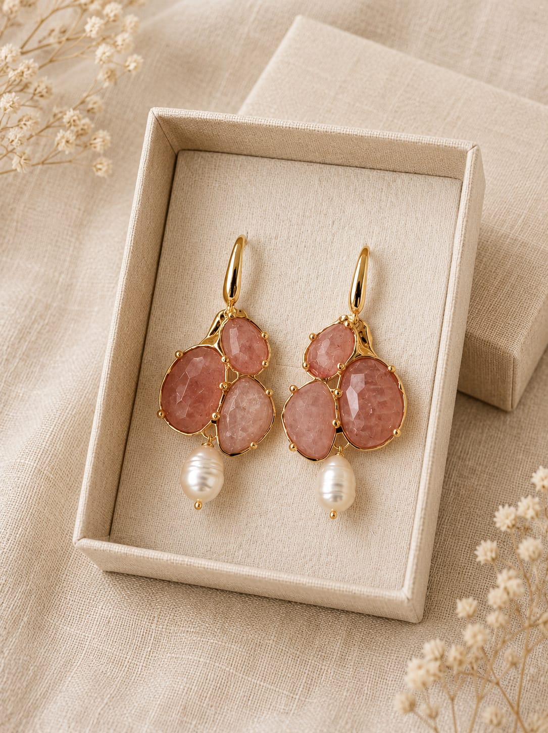 Orecchini Quarzo Rosa Fragola e Perla | Eterea
