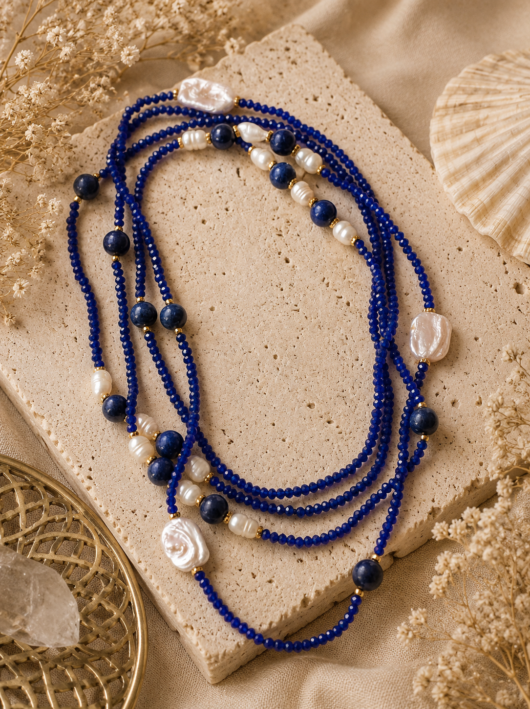 Collana Lunga 160 cm con Cristalli Lapislazzuli e Perle