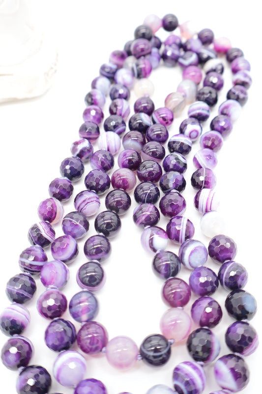 Collana Lunga 120 cm in Agata Viola Striata Sfaccettata 10 mm