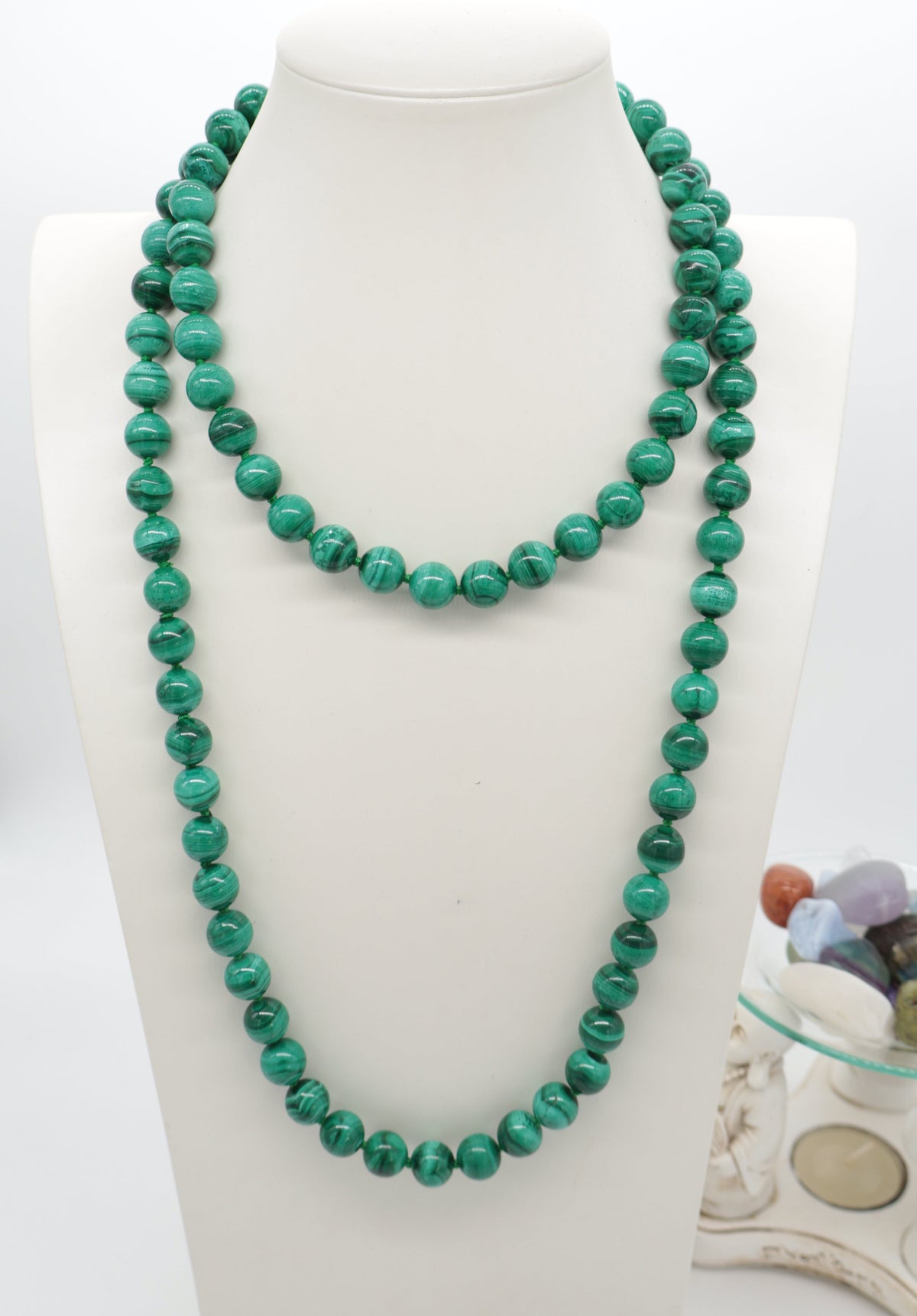 Collana Annodata in Malachite Naturale – Sfere 14 mm – 120 cm