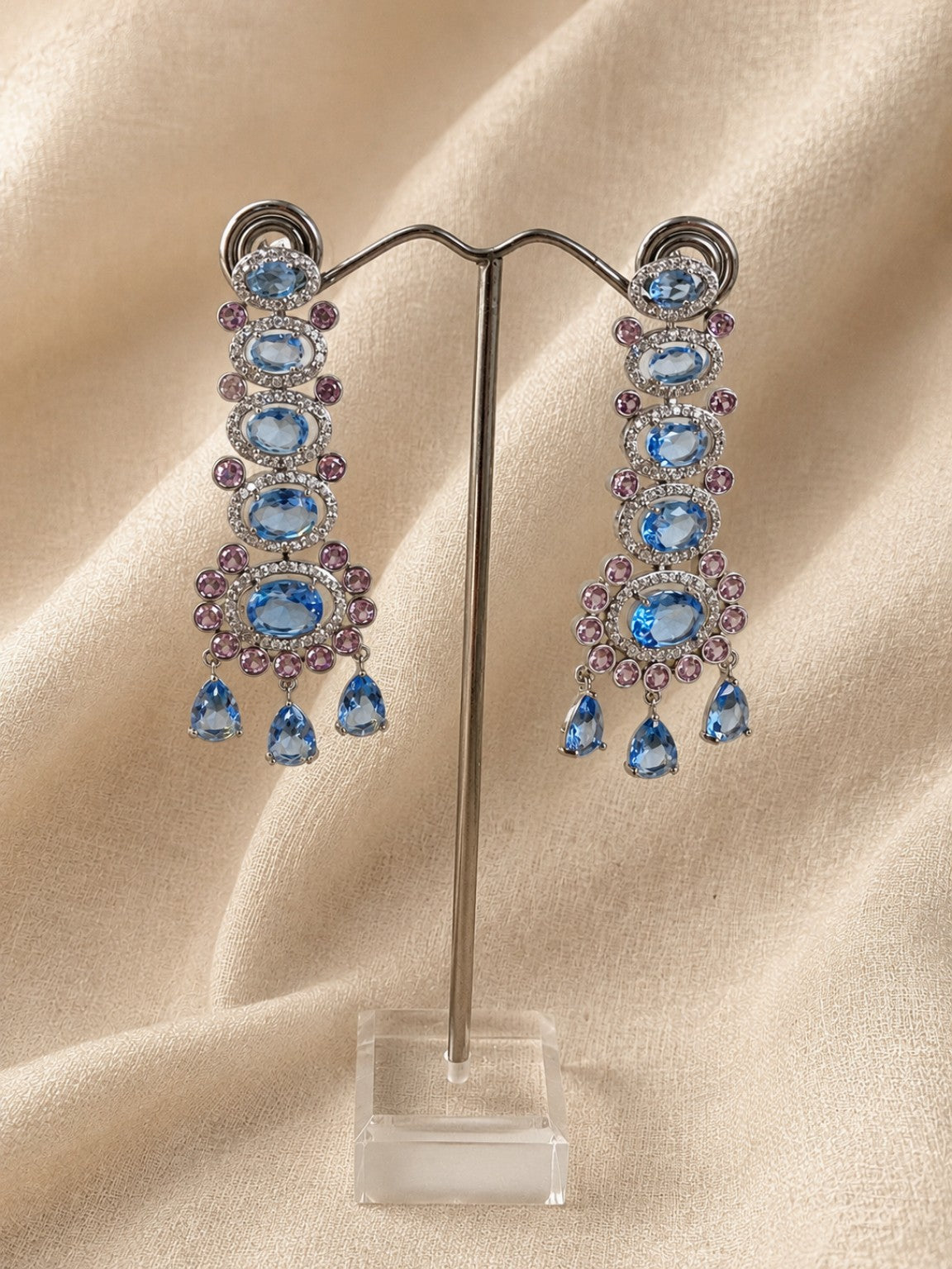 Orecchini Chandelier Azzurro Zaffiro e Rosa con Cristalli CZ | Eterea Natural Stone