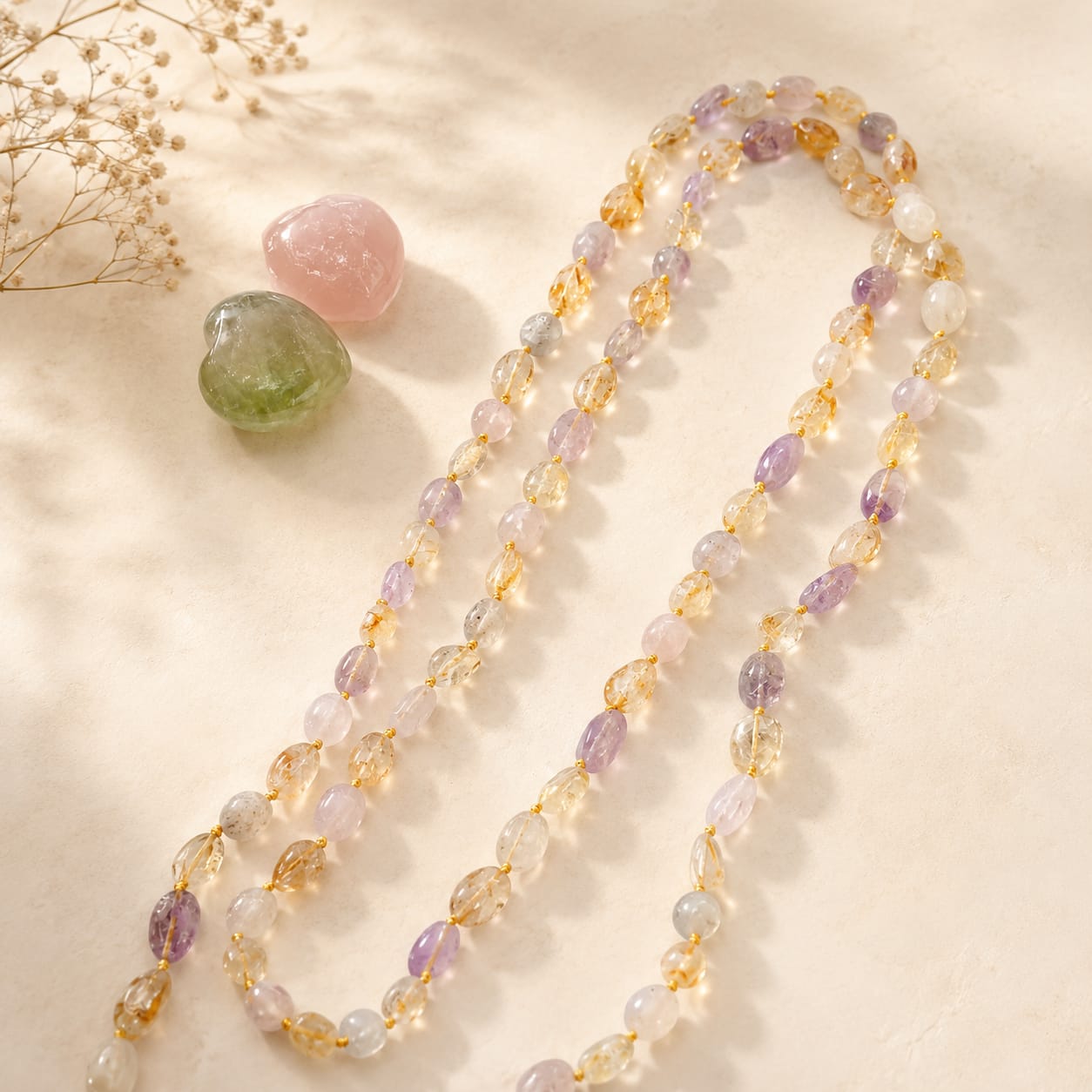 Collana Lunga Ametista Lavanda & Quarzo Citrino Naturale – 120 cm