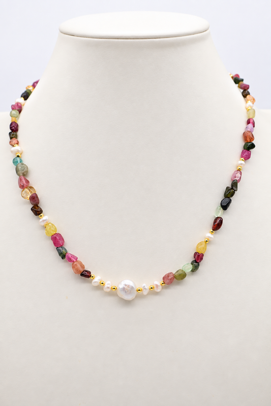 Collana in tormalina multicolor e perle naturali con pietre sfaccettate da 8-10 mm