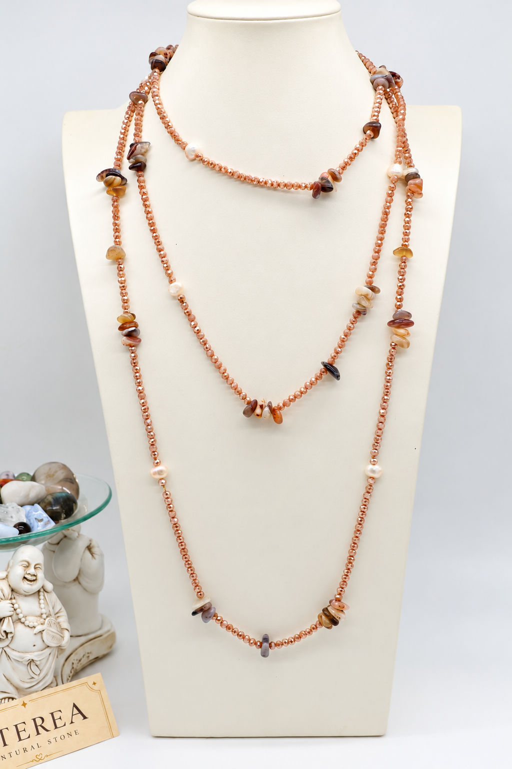 Collana lunga 160 cm in Agata Botswana, Cristalli Cipollotti Rosa e Perle d'Acqua Dolce