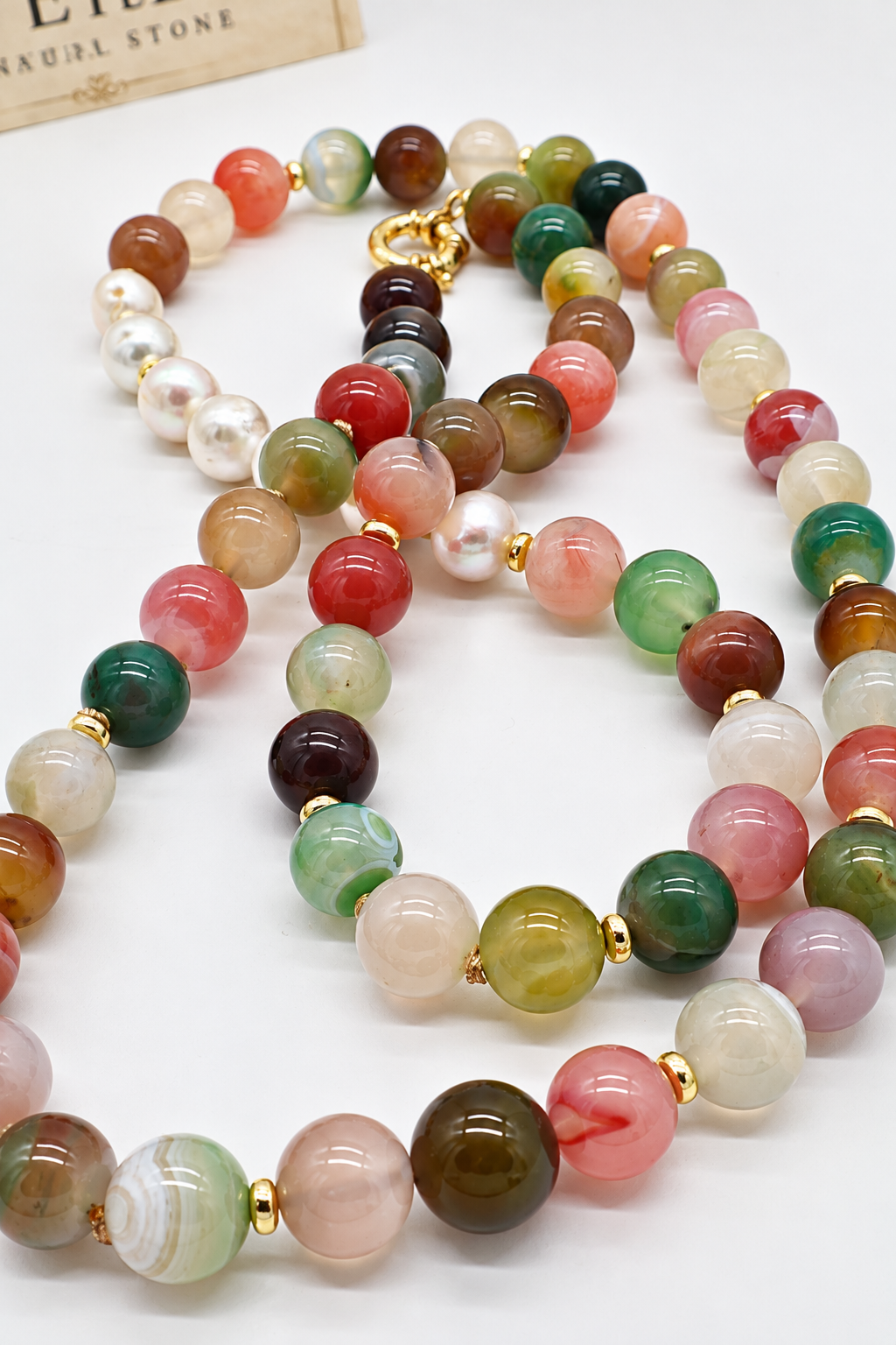 Collana lunga artigianale in Agata Floreale e Perle Edison con distanziatori dorati e chiusura in Argento 925 dorato, Eterea Natural Stone
