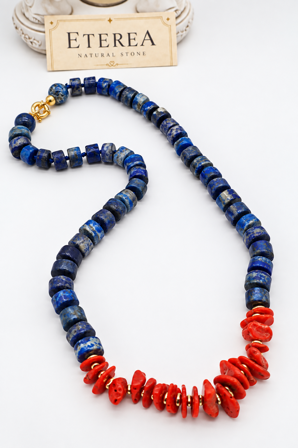 Collana in lapislazzuli e corallo rosso naturale, 60 cm, con chiusura in argento dorato