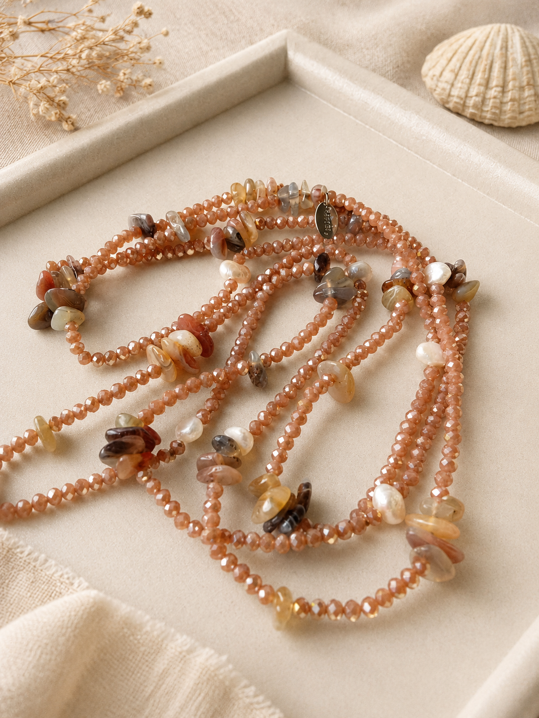 Collana lunga 160 cm in Agata Botswana, Cristalli Cipollotti Rosa e Perle d'Acqua Dolce