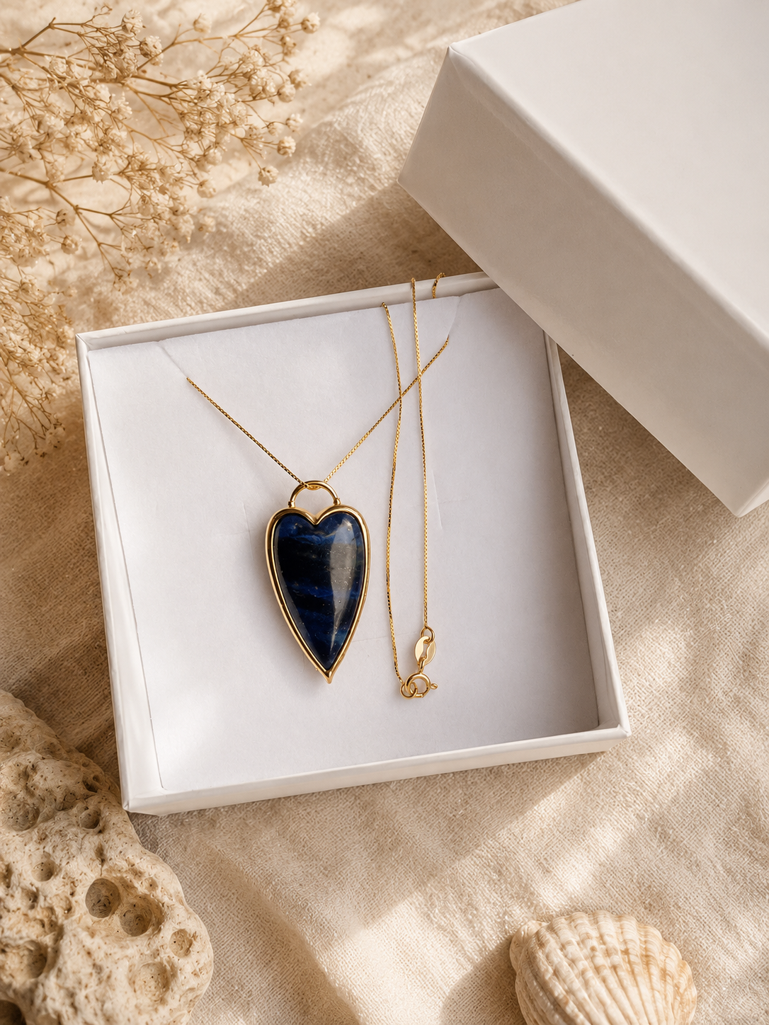 Collana Cuore in Lapislazzuli – Ciondolo con Catenina Veneziana in Argento 925 Dorato