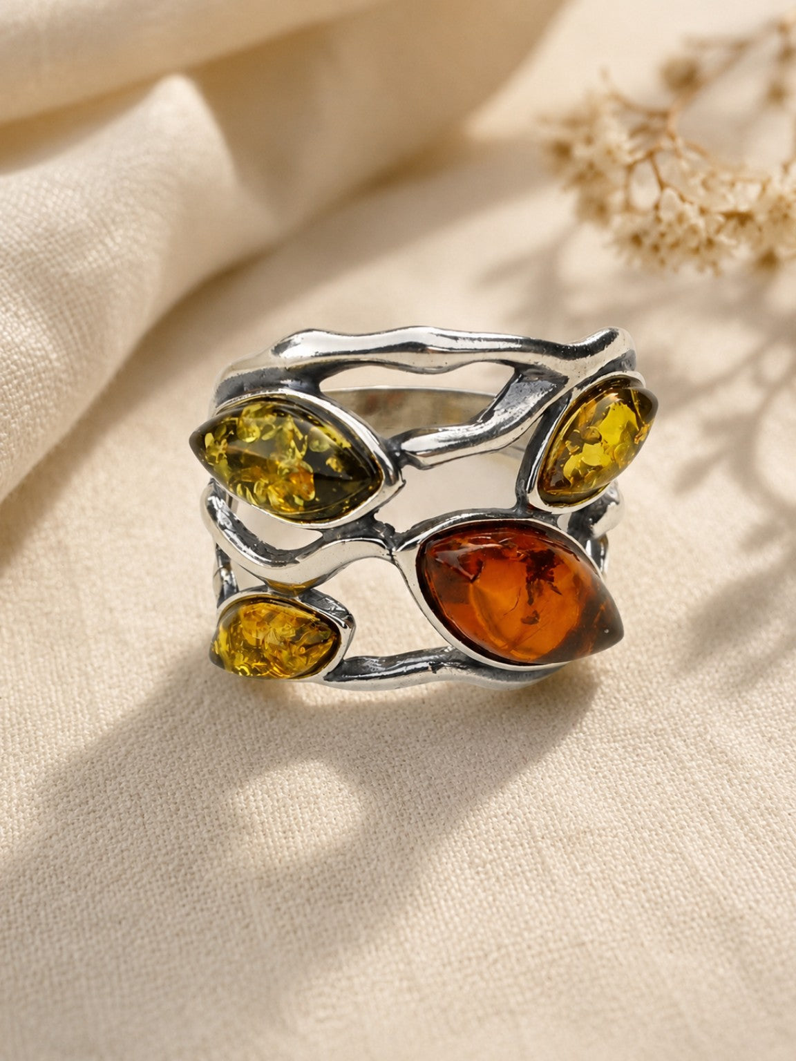 Anello a Fascia Argento 925 con Ambra Baltica Multicolore | Eterea Natural Stone