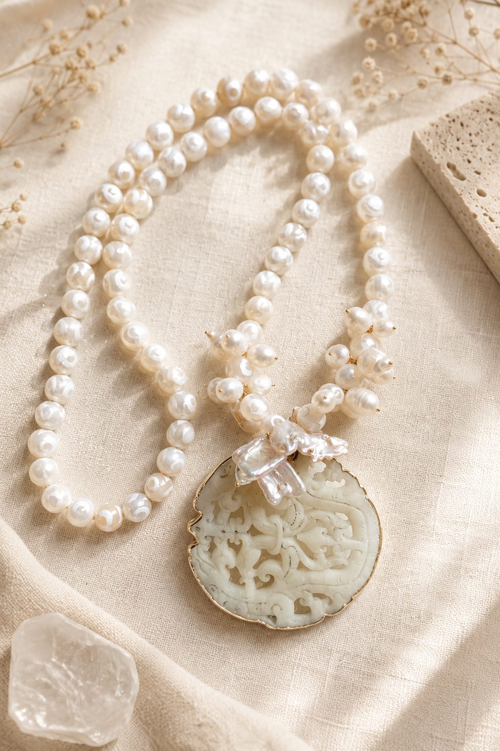 Collana in Agata Tibetana Bianca e Perle Naturali con Grande Medaglione Intagliato