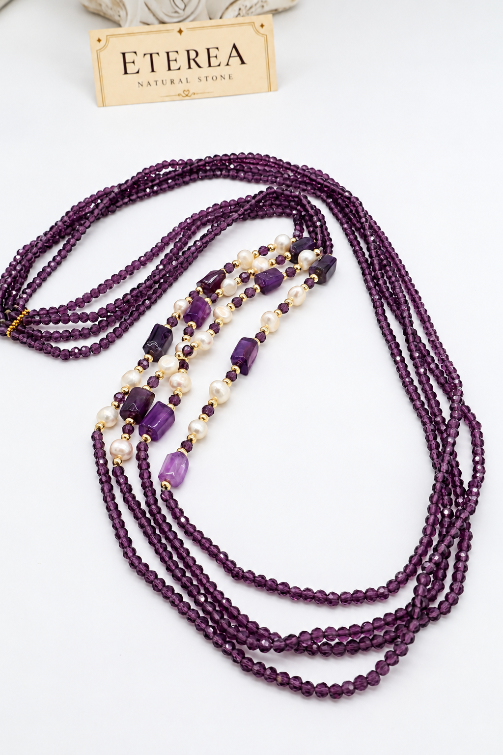 Collana multifilo viola con ametista e perle | Eterea