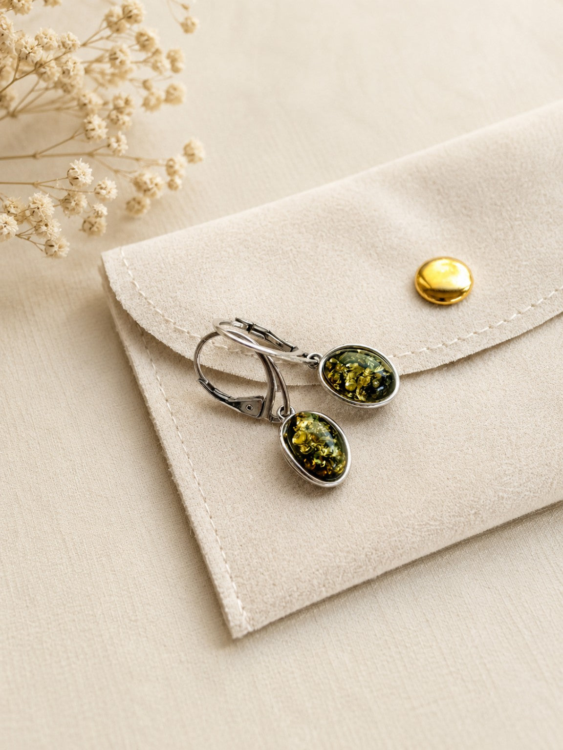 Orecchini in Argento 925 con Ambra Baltica Verde – Ovale