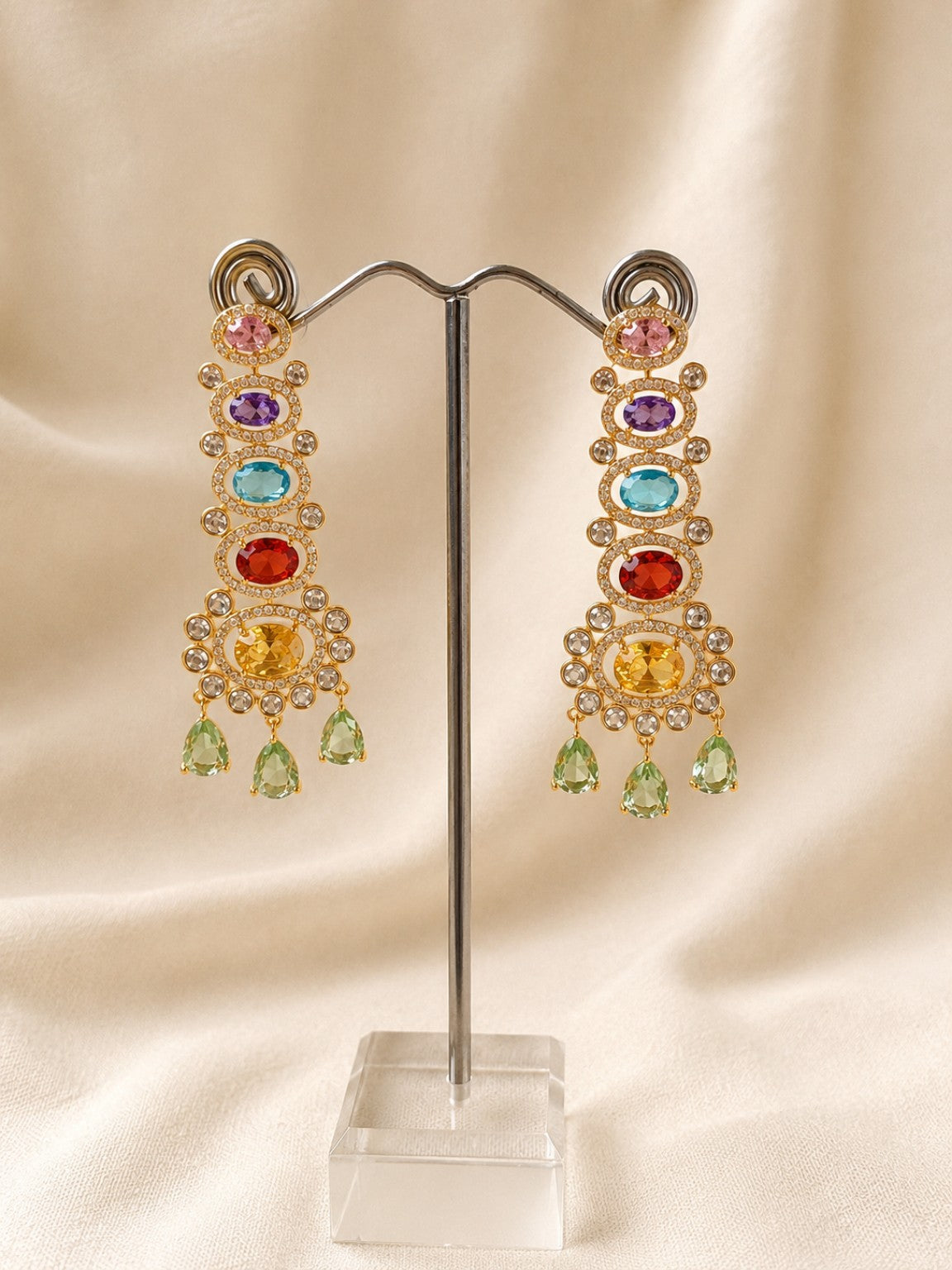 Orecchini Chandelier Venere Multicolor con Cristalli CZ e Zirconi – Bronzo Dorato