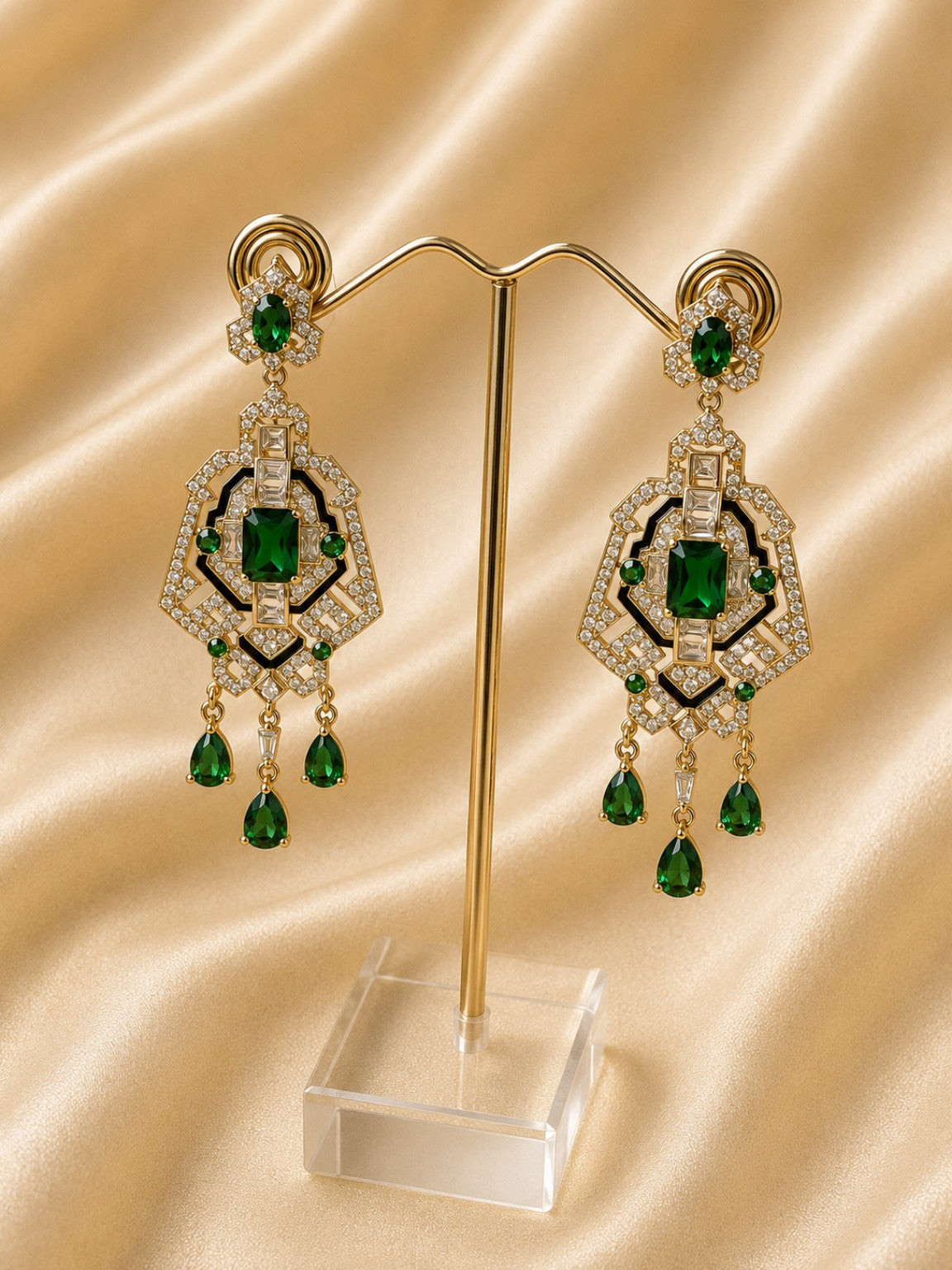 Orecchini Chandelier Verde Smeraldo con Cristalli CZ e Zirconi – Bronzo Rodiato