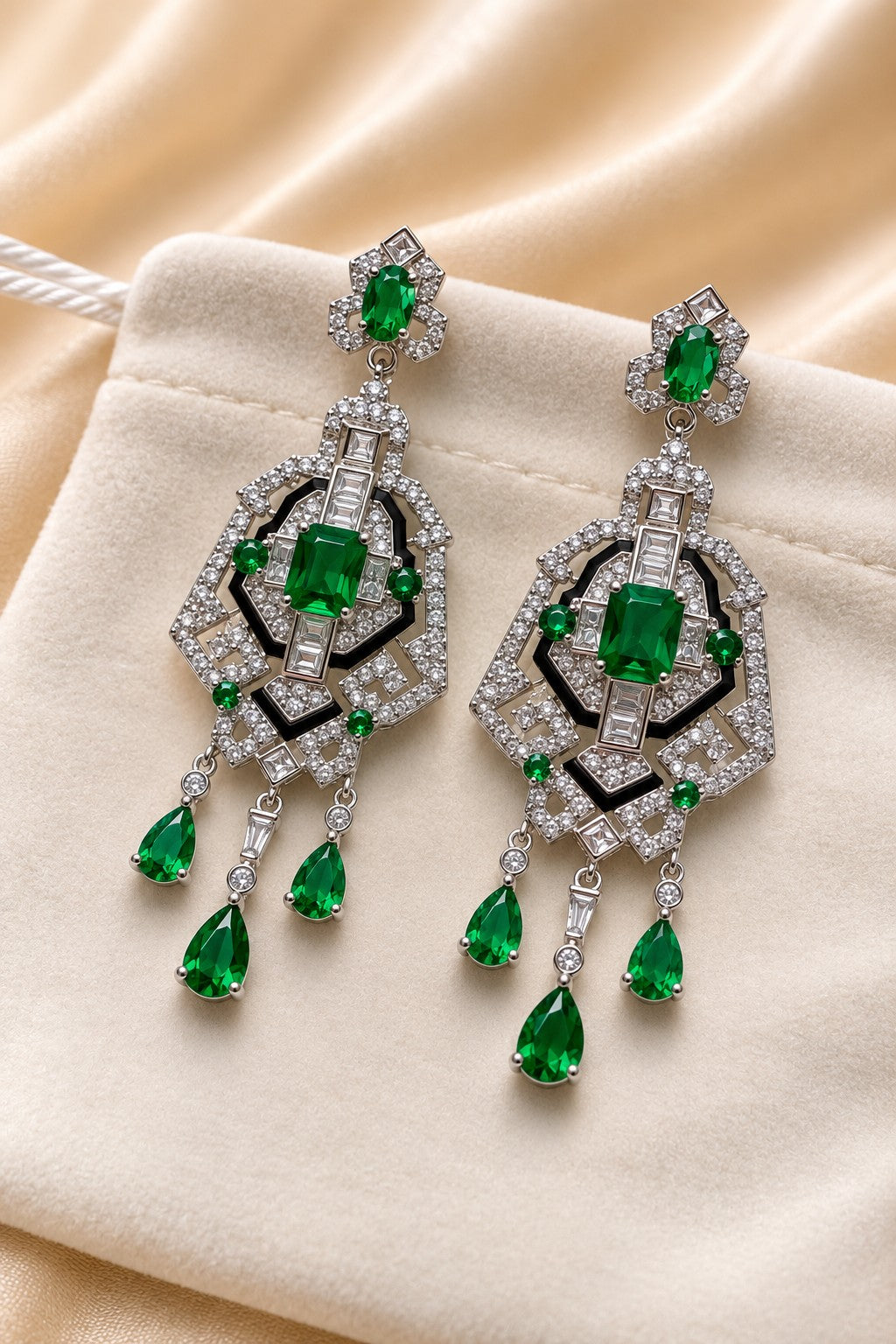 Orecchini Chandelier Verde Smeraldo con Cristalli CZ e Zirconi – Bronzo Rodiato