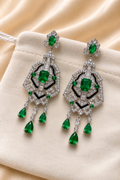Orecchini Chandelier Verde Smeraldo con Cristalli CZ e Zirconi – Bronzo Rodiato