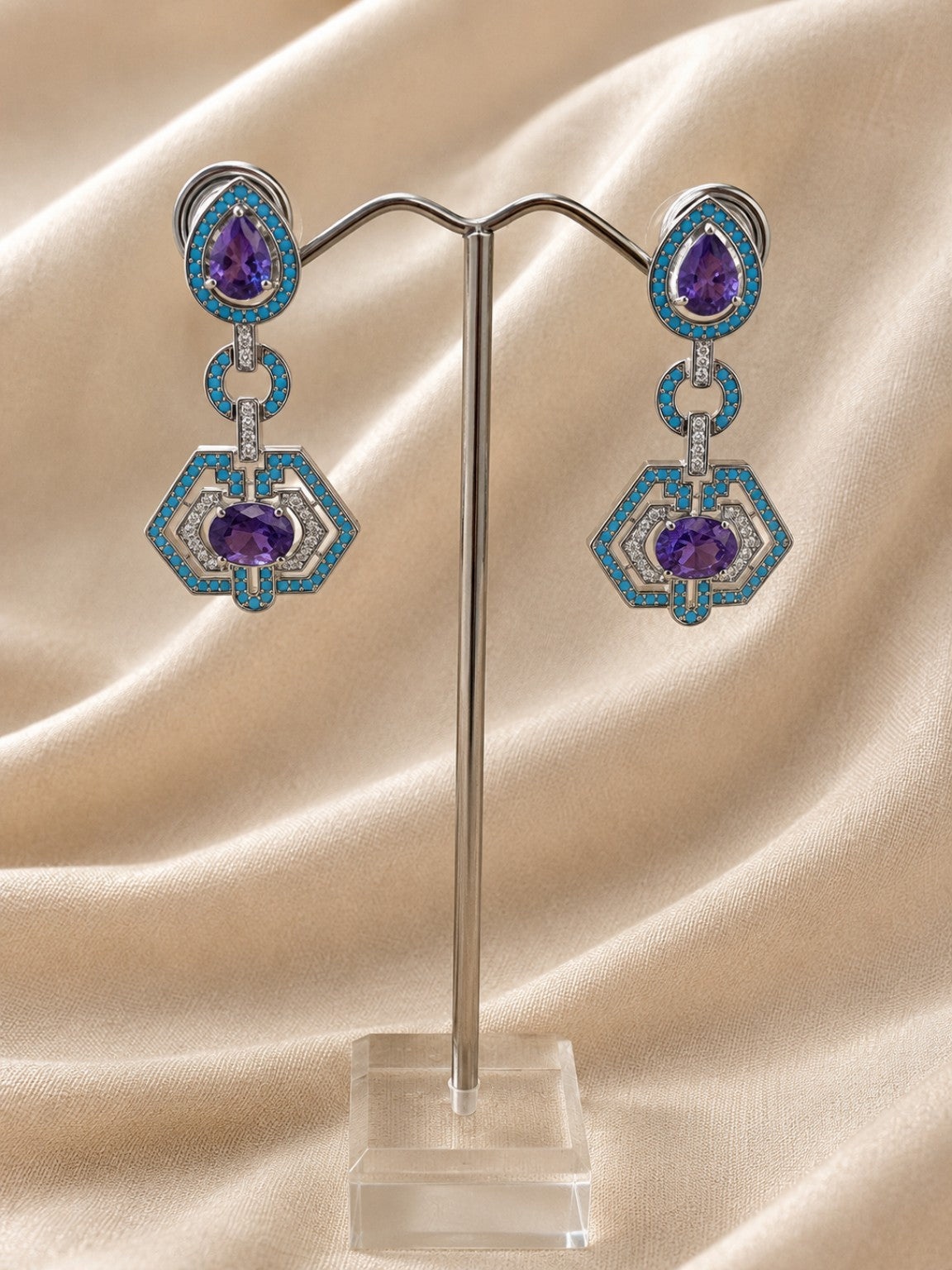 Orecchini Viola e Turchese con Cristalli CZ e Zirconi – Bronzo Rodiato