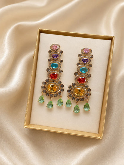 Boucles d'oreilles chandelier Vénus multicolores avec cristaux CZ et zircons – Bronze doré