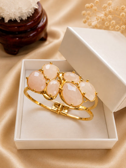 Bracciale Rigido Quarzo Rosa Sfaccettato – Metallo Dorato Galvanizzato
